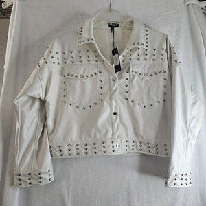 Glitzy Girlz Women Jacket White Faux Leather Biker Studded Pu Size 2XL